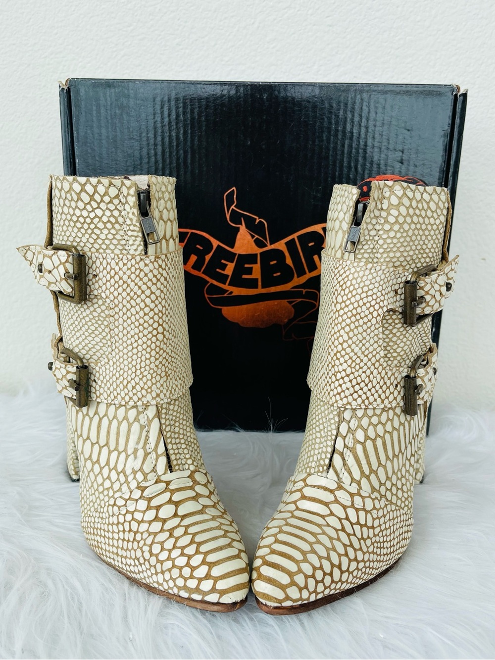 New! Freebird by Steven 
“Joey” White Snake Leather Ankle Boot
Size 9
